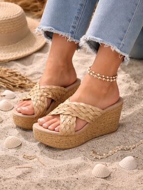 Sbicca TanBraided Wedge Sandals Women 6 Espadrille Platform Slip On Summer Shoes